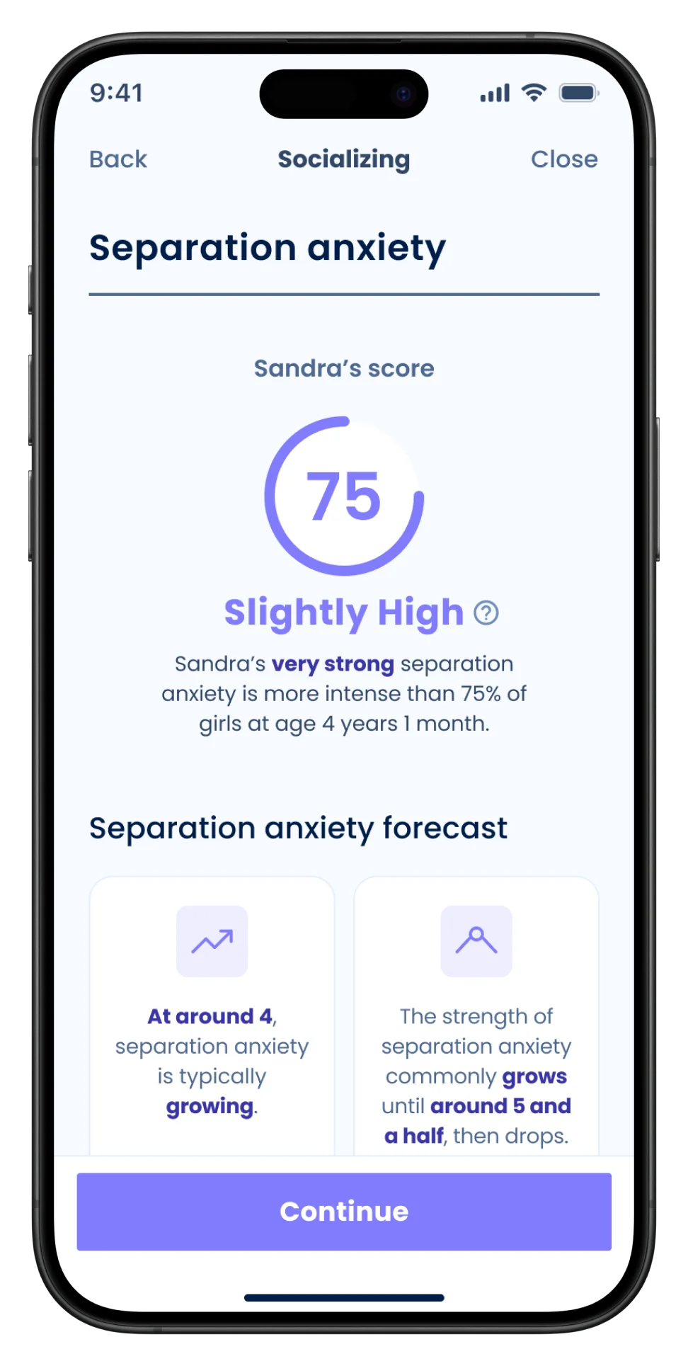 Screenshot of the Sleuth app shows a completed quiz on the topic "Crying and Fits" with opened analytics of "Difficulty Calming Down". Analytics displays a percentile score of 75, which compares the response of a parent for a child as "Slightly High" than other children by this age and gender, and says that "moderate difficulty calming down is more intense than 82% of girls at age 18 month". The screenshot also has forecast for a parent. First forecast says: "it is typically growing at around 1 and a half". Second forecast says: "The strength of it commonly increases until around 4".