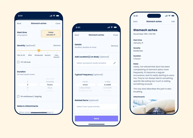 Three smartphone screenshots of a symptom tracking application for stomach aches. The first screenshot is for logging a new event, with fields to input the start time, severity, duration, and any notes or attachments. The severity scale ranges from 'Not at All' to 'Very Severe.' The second screenshot allows for more detailed input, with options to add specific locations on the body, frequency of the symptom, and related items from past entries. The third screenshot displays a summary of a logged event, including the start time, severity noted as moderate, duration of 3 hours, descriptive notes about the symptom, and an attachment showing an image.